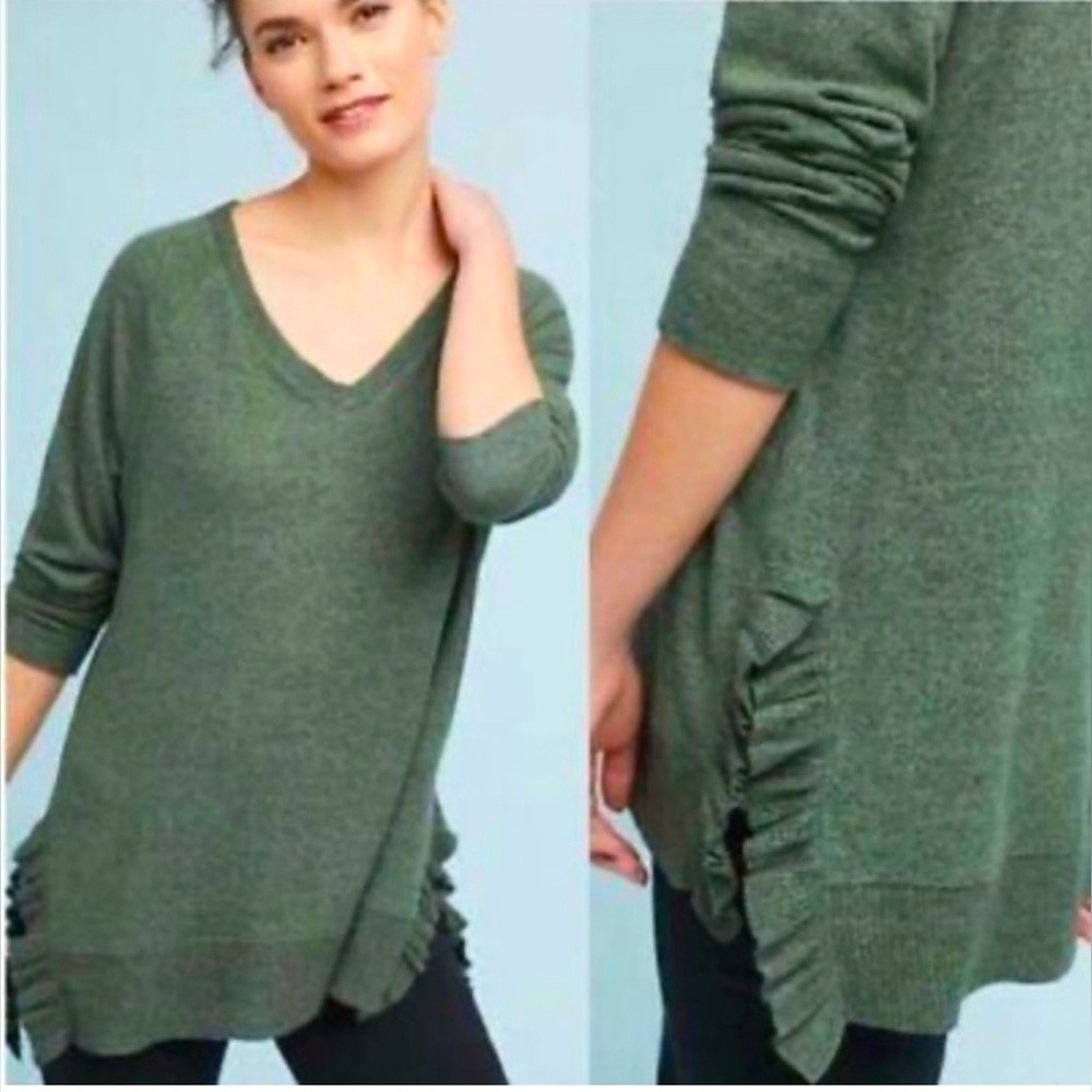 Anthropologie Postmark Green Brushed V Neck Ruffle Hem Pullover Sweater Size XS